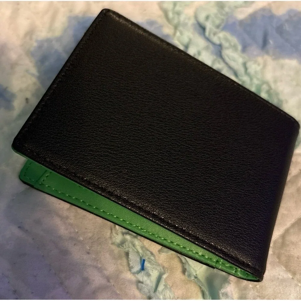 NEW Men's‎ Minimalist Slim Black Faux Leather & Green Wallet w/ Money Clip